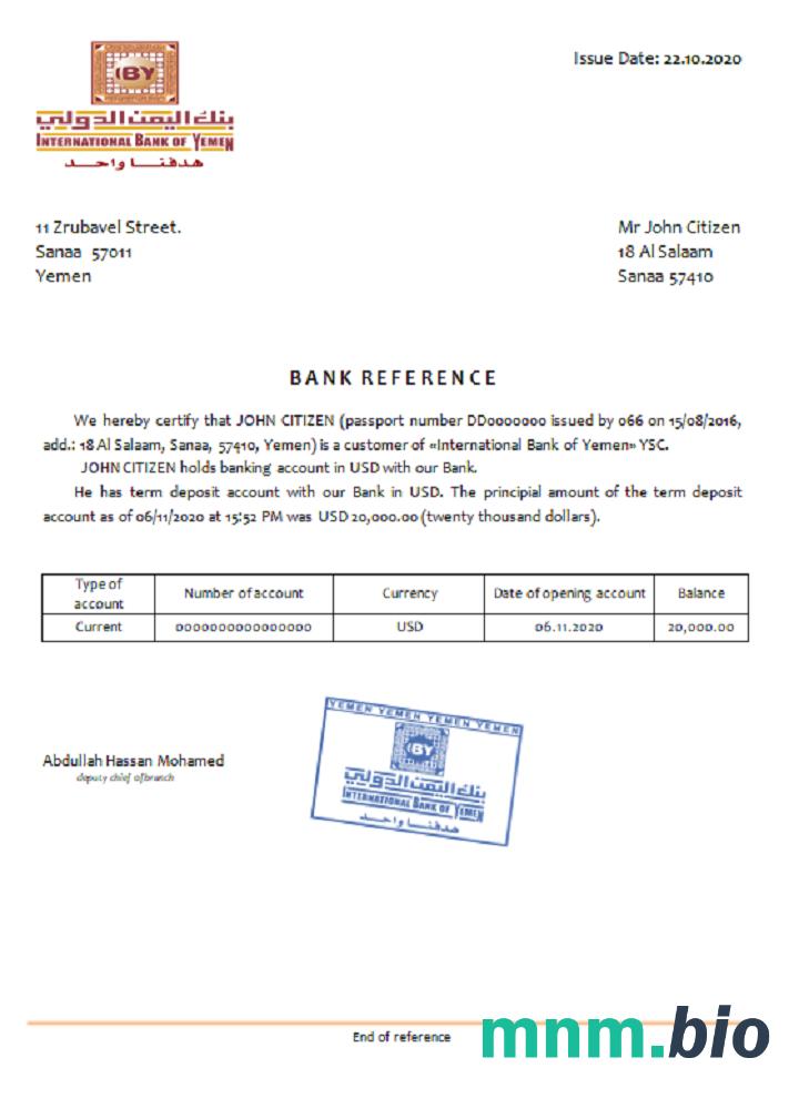 Przykład odniesienia banku międzynarodowego Jemenu w formatach Word i PDF